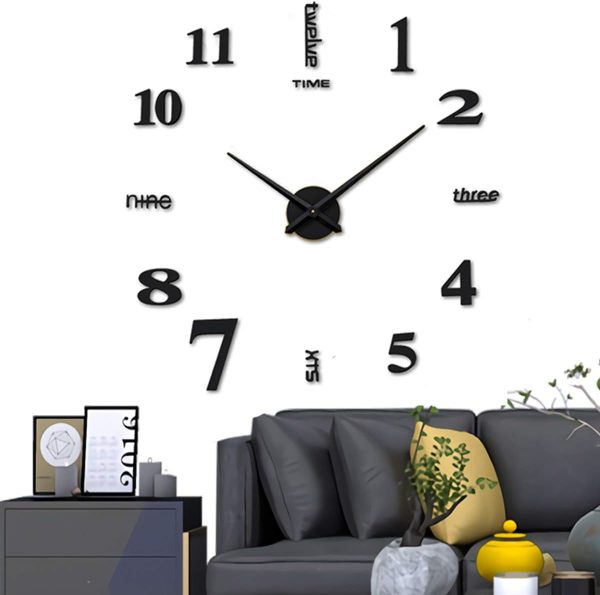 3D DIY Wall Clock Decor Sticker Mirror Frameless Large DIY Wall Clock Kit for Home Living Room Bedroom Office Decoration (Black)