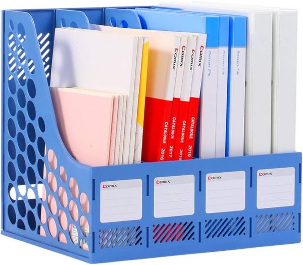 Comix Magazine File Holder, Sturdy Plastic Desk Organizers and Storage File Folder for Office Organization, Binder Organizer with 4 Compartments Storage Organiser Box