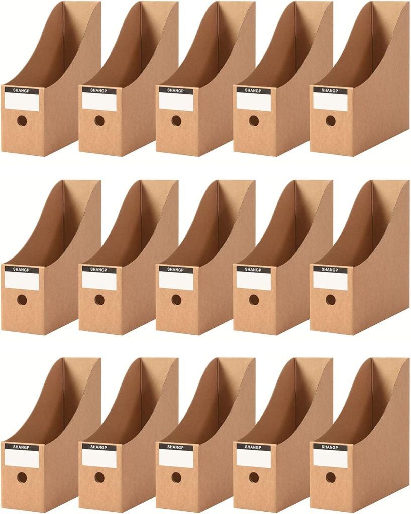 Foldable Desk File Holder Organizer Sturdy Cardboard Magazine Storage Box Document Rack with Blank Label Stickers for Home School Office (15, Brown)