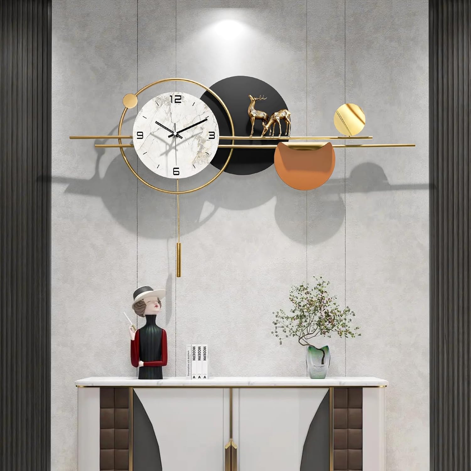 Large Wall Clocks for Living Room Decor,Decorative Modern Silent Wall Clock with Pendulum Metal Wall Art for Kitchen/Bedroom/Entryway/Office Decor 36''Lx19''W - Image 2